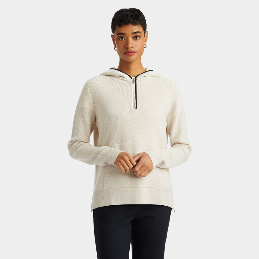 WAFFLE STITCH MERINO WOOL HOODED QUARTER ZIP SWEATER image number 3