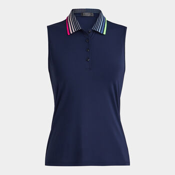 PLEATED CONTRAST COLLAR SILKY TECH NYLON SLEEVELESS POLO