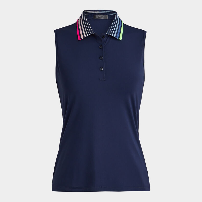 PLEATED CONTRAST COLLAR SILKY TECH NYLON SLEEVELESS POLO image number 1