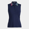 PLEATED CONTRAST COLLAR SILKY TECH NYLON SLEEVELESS POLO image number 1