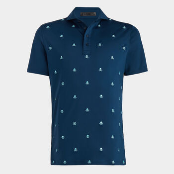 EMBROIDERED SKULL & TEES TECH JERSEY MODERN SPREAD COLLAR POLO