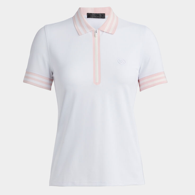 EMBOSSED LOGO CONTRAST QUARTER ZIP TECH PIQUÉ POLO image number 1