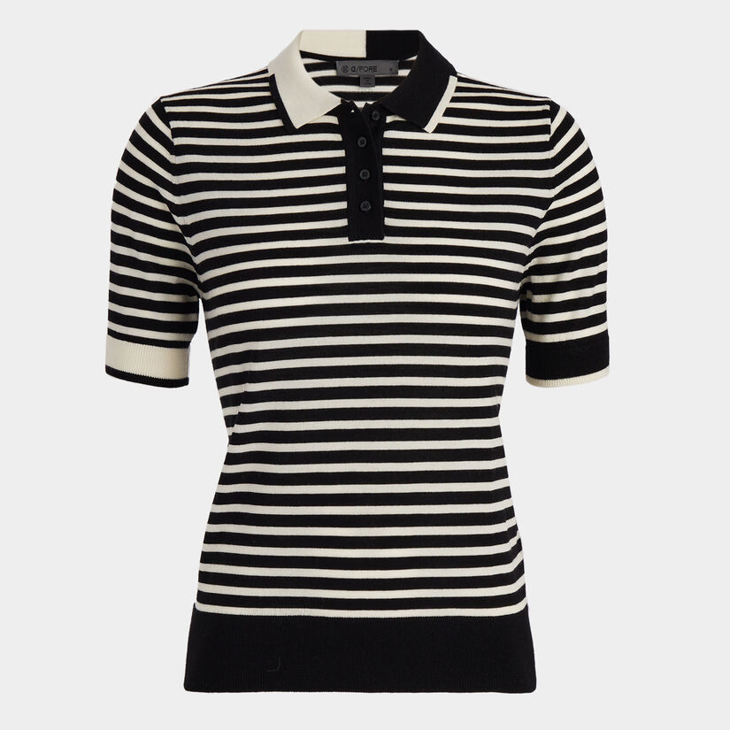CONTRAST STRIPE MERINO WOOL SHORT SLEEVE SWEATER POLO image number 1
