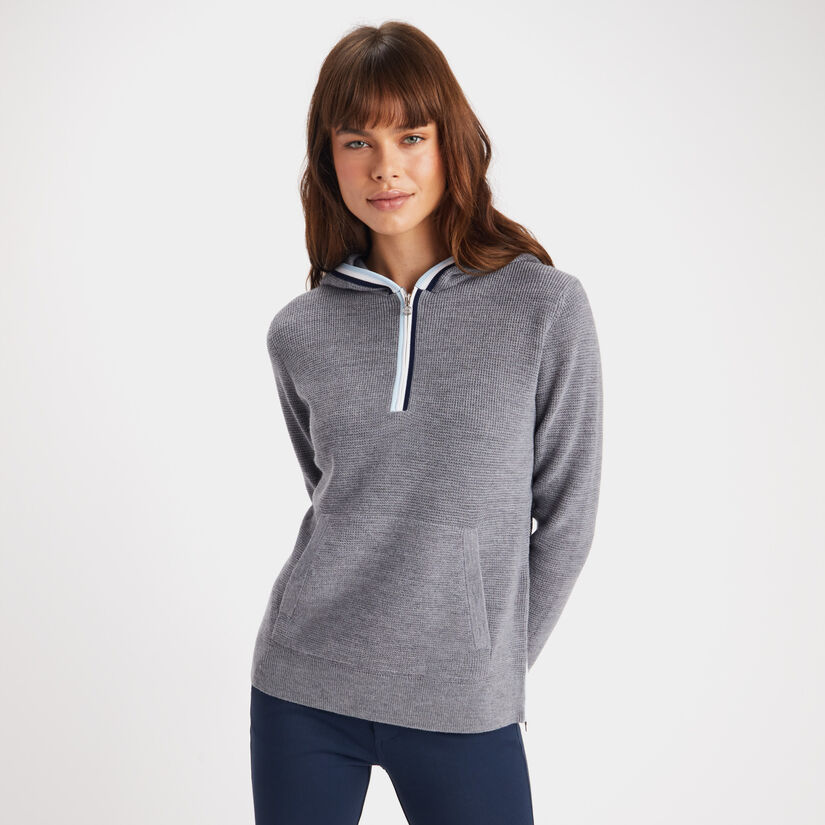 HOODED WAFFLE STITCH MERINO WOOL QUARTER ZIP SWEATER image number 3