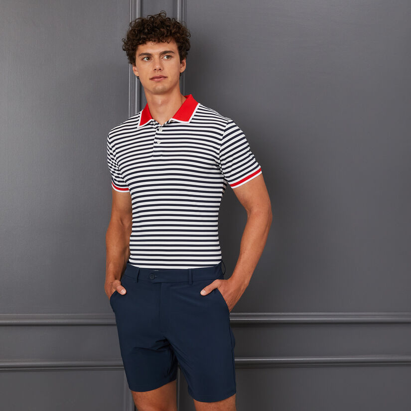 PERFORATED STRIPE RIB COLLAR TECH JERSEY SLIM FIT POLO image number 2