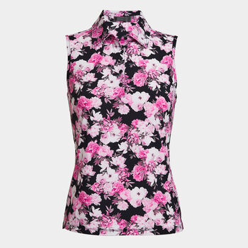 PHOTO FLORAL SILKY TECH NYLON SLEEVELESS POLO