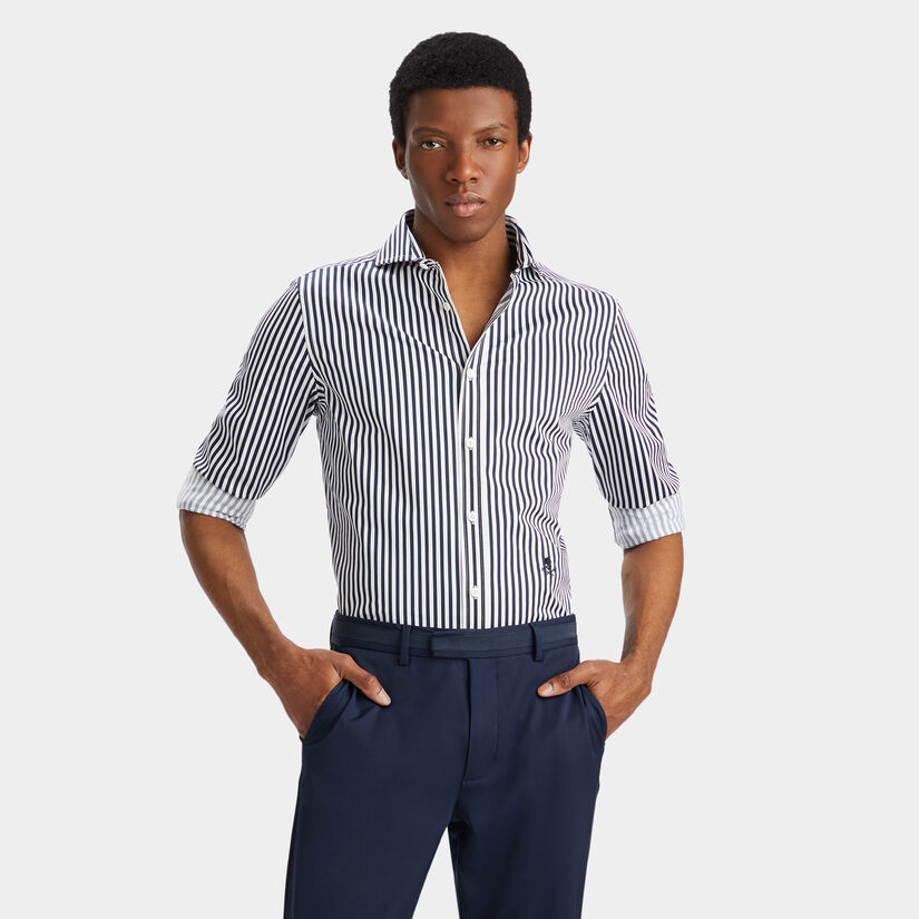 VERTICAL STRIPE STRETCH ICE WOVEN MODERN SPREAD COLLAR SHIRT – G/FORE