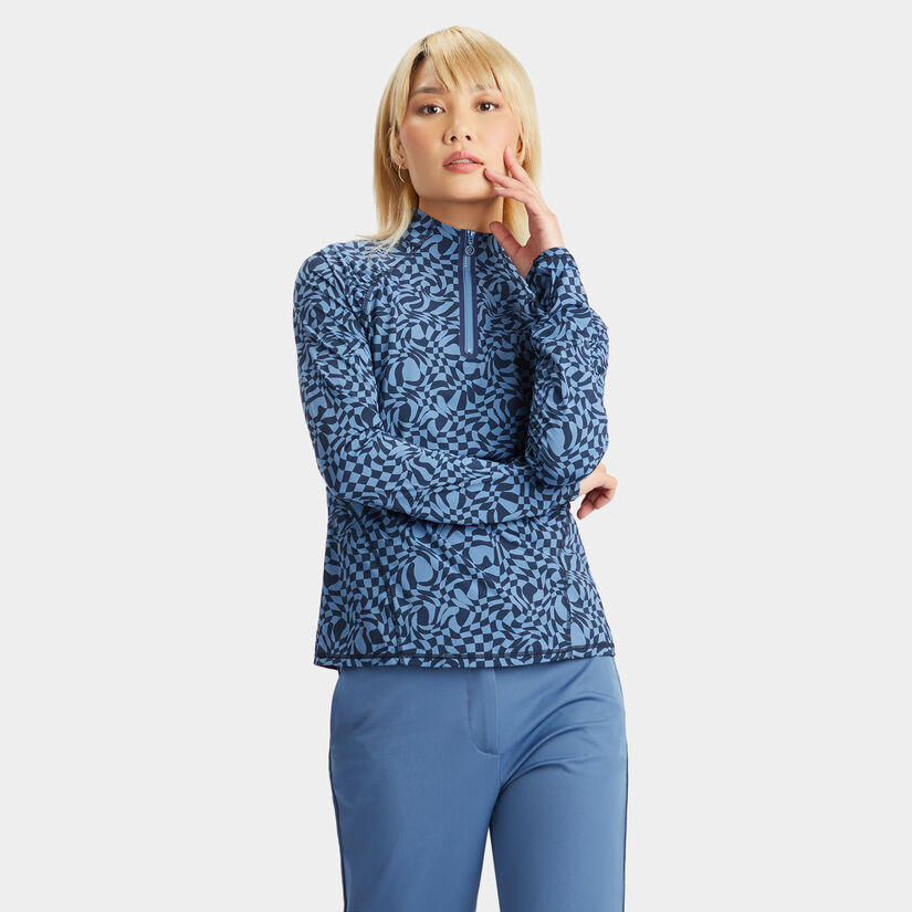 DISTORTED CHECK SILKY TECH NYLON RUCHED QUARTER ZIP PULLOVER image number 3