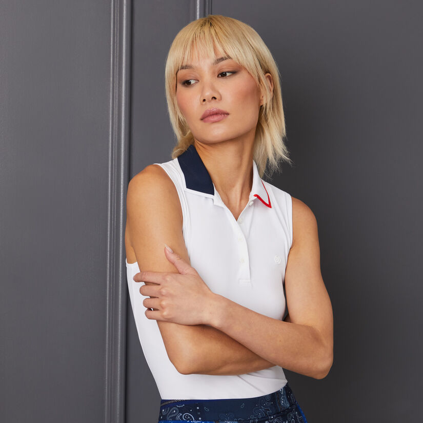 CONTRAST COLLAR SILKY TECH NYLON SLEEVELESS POLO image number 2