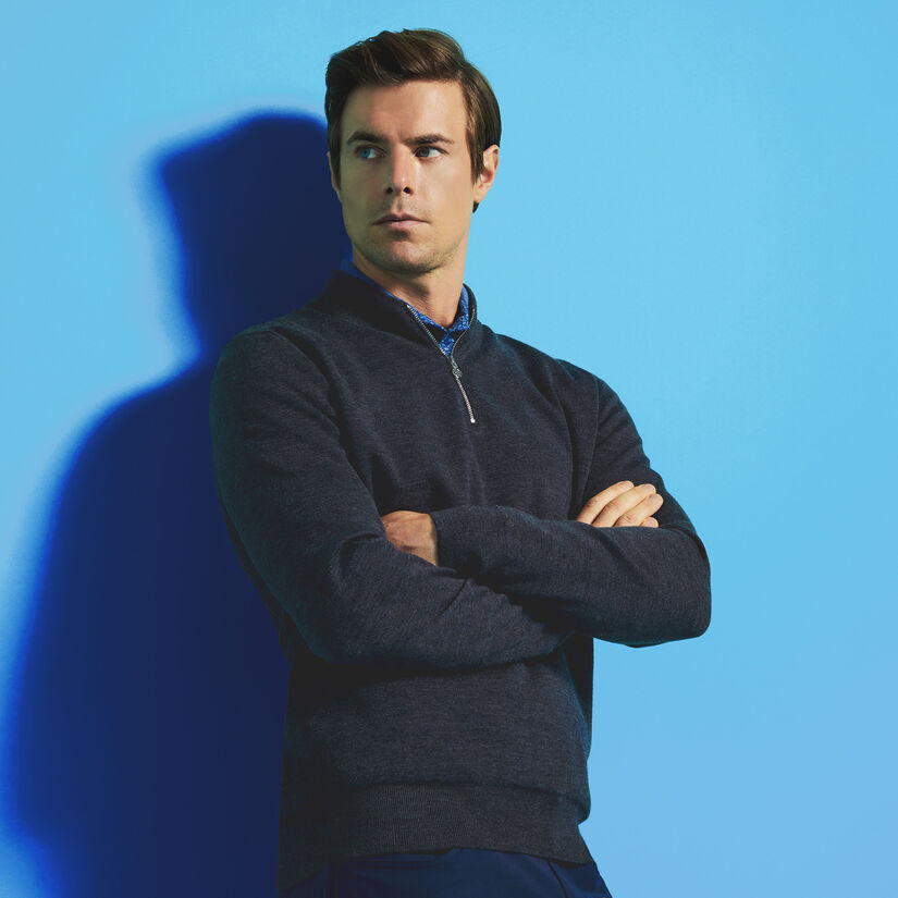 CONTRAST V NECK MERINO WOOL QUARTER ZIP SWEATER image number 2
