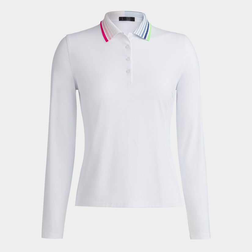 RIB PLEATED CONTRAST COLLAR SILKY TECH NYLON LONG SLEEVE POLO image number 1