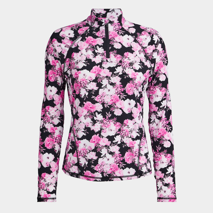 PHOTO FLORAL SILKY TECH NYLON RUCHED QUARTER ZIP PULLOVER image number 1