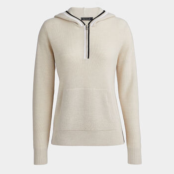 WAFFLE STITCH MERINO WOOL HOODED QUARTER ZIP SWEATER