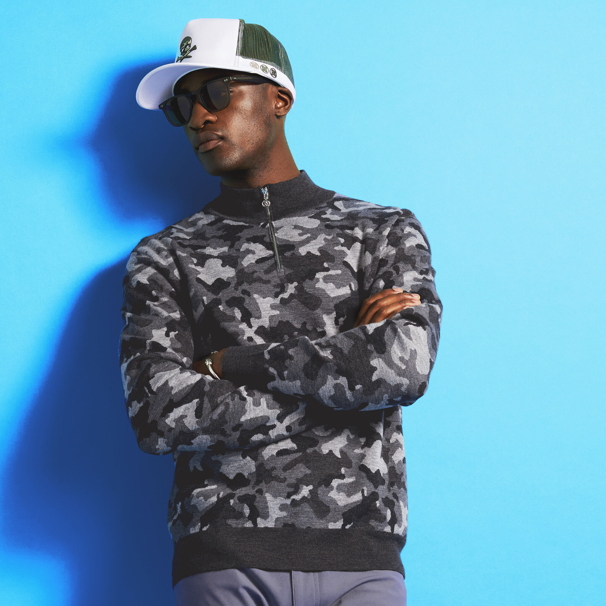 CAMO JACQUARD MERINO WOOL QUARTER ZIP SWEATER