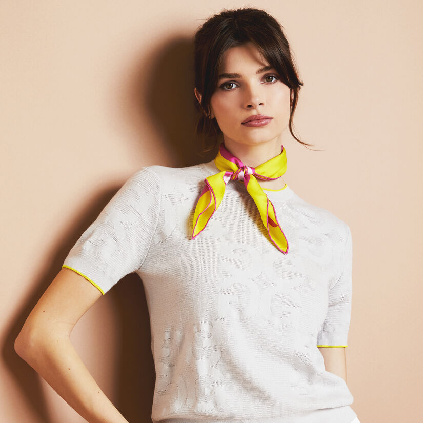 LIMITED EDITION POINTELLE JACQUARD CIRCLE G'S MERINO WOOL SHORT SLEEVE SWEATER image number 2
