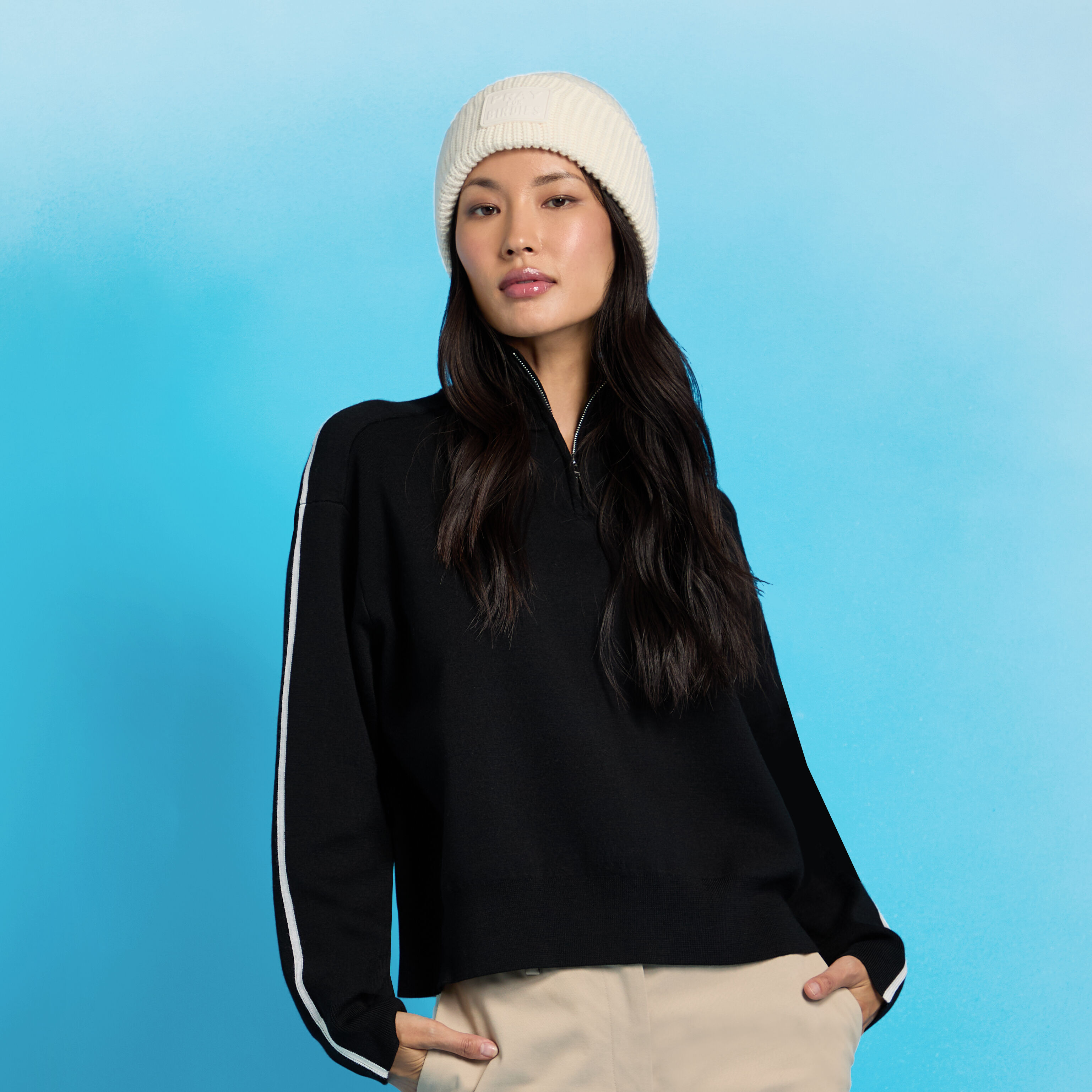 MERINO WOOL CONTRAST STRIPE QUARTER ZIP SWEATER | WOMEN'S TOPS | G