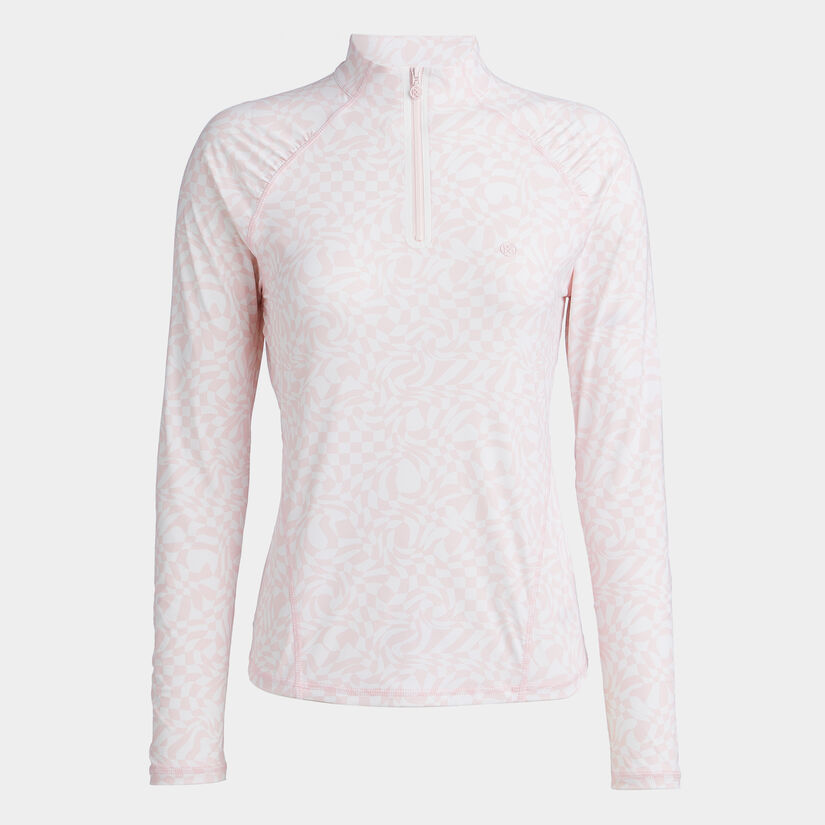 DISTORTED CHECK SILKY TECH NYLON RUCHED QUARTER ZIP PULLOVER image number 1