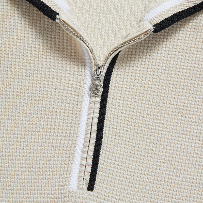 WAFFLE STITCH MERINO WOOL HOODED QUARTER ZIP SWEATER image number 7