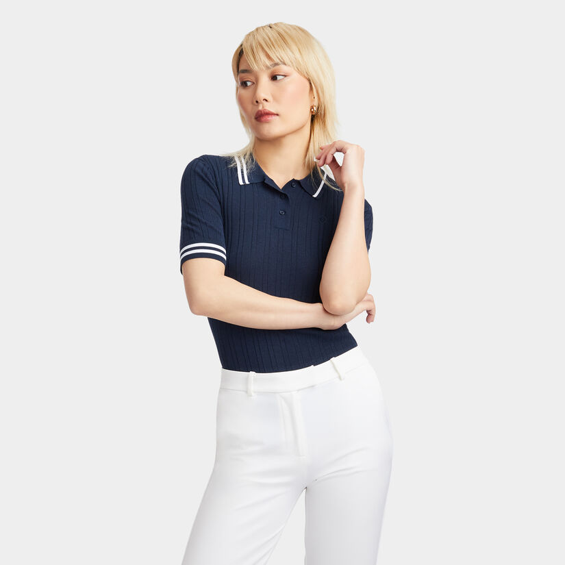 COTTON BLEND RIBBED SHORT SLEEVE SWEATER POLO image number 3