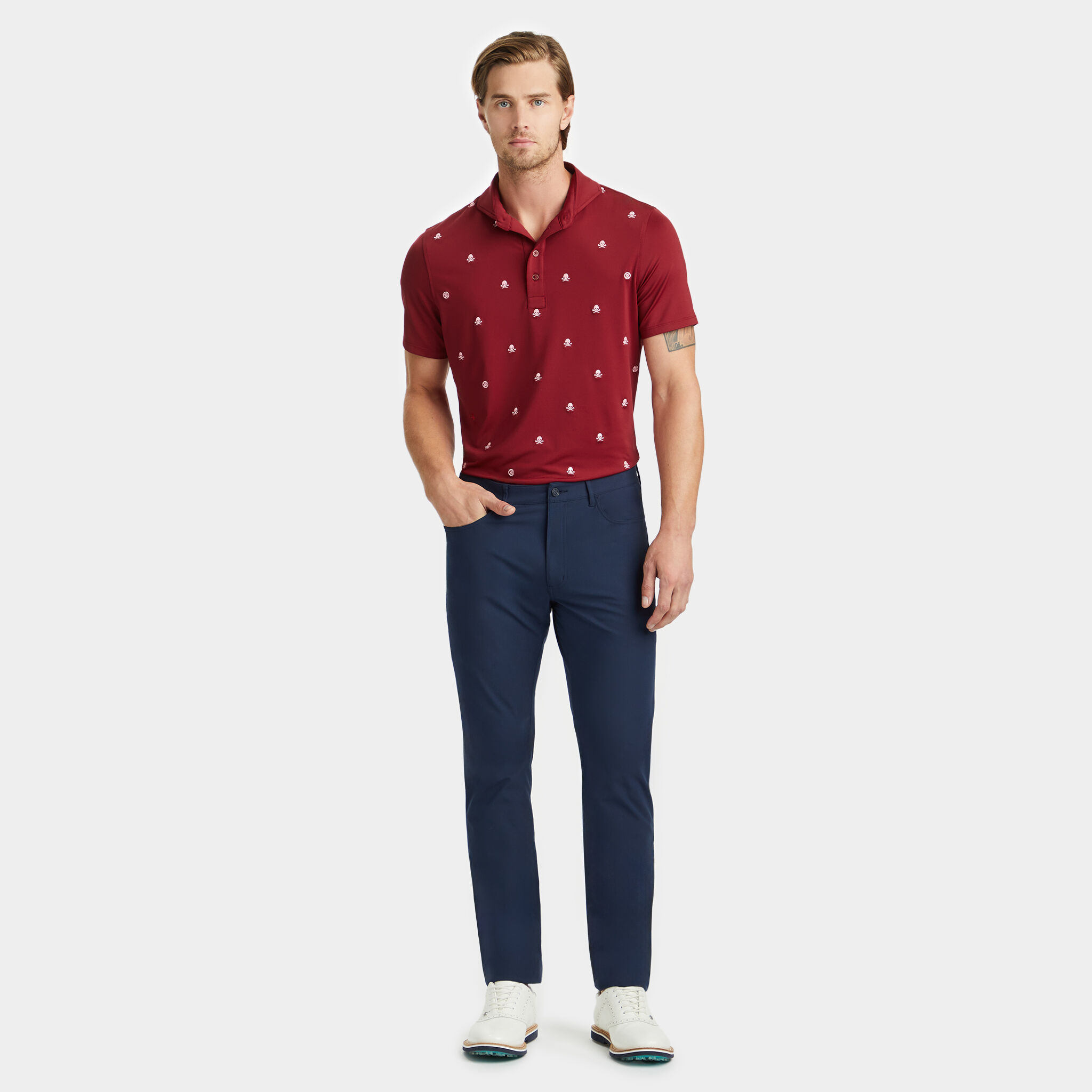 EMBROIDERED SKULL & TEES TECH JERSEY MODERN SPREAD COLLAR POLO |MEN'S POLO  SHIRTS | G/FORE