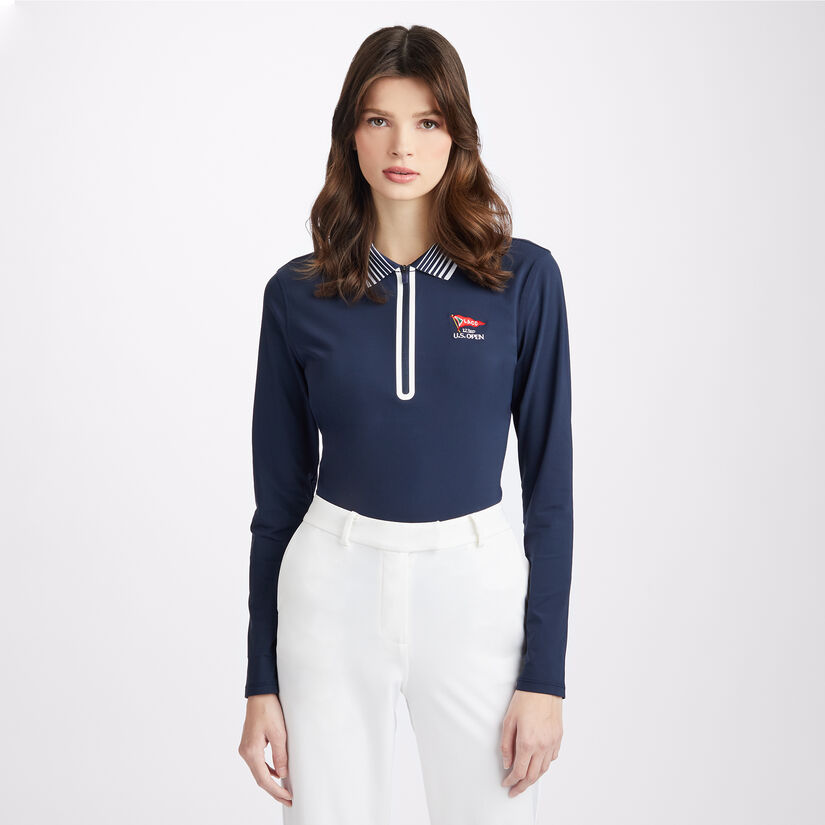 LIMITED EDITION U.S. OPEN FEATHERWEIGHT SILKY TECH NYLON QUARTER ZIP POLO image number 3