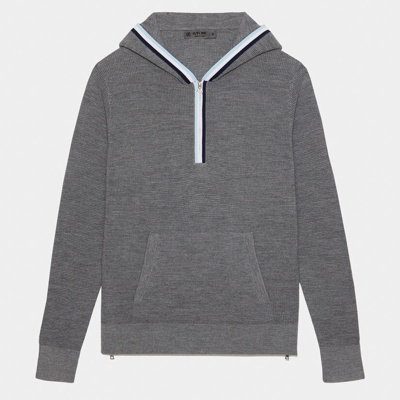 HOODED WAFFLE STITCH MERINO WOOL QUARTER ZIP SWEATER image number 1