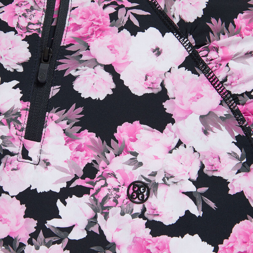 PHOTO FLORAL SILKY TECH NYLON RUCHED QUARTER ZIP PULLOVER image number 6