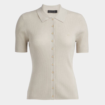 RIBBED MERINO WOOL SHORT SLEEVE BUTTON DOWN SWEATER