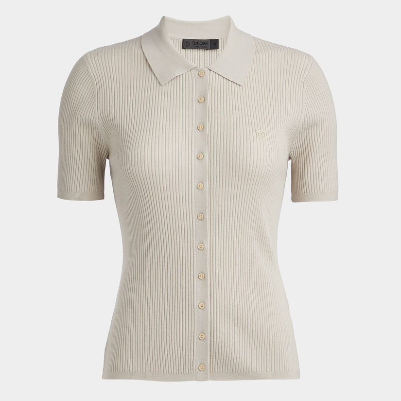 RIBBED MERINO WOOL SHORT SLEEVE BUTTON DOWN SWEATER image number 1