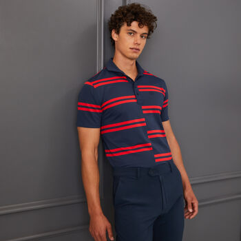 OFFSET STRIPE MODERN SPREAD COLLAR TECH PIQUÉ SLIM FIT POLO