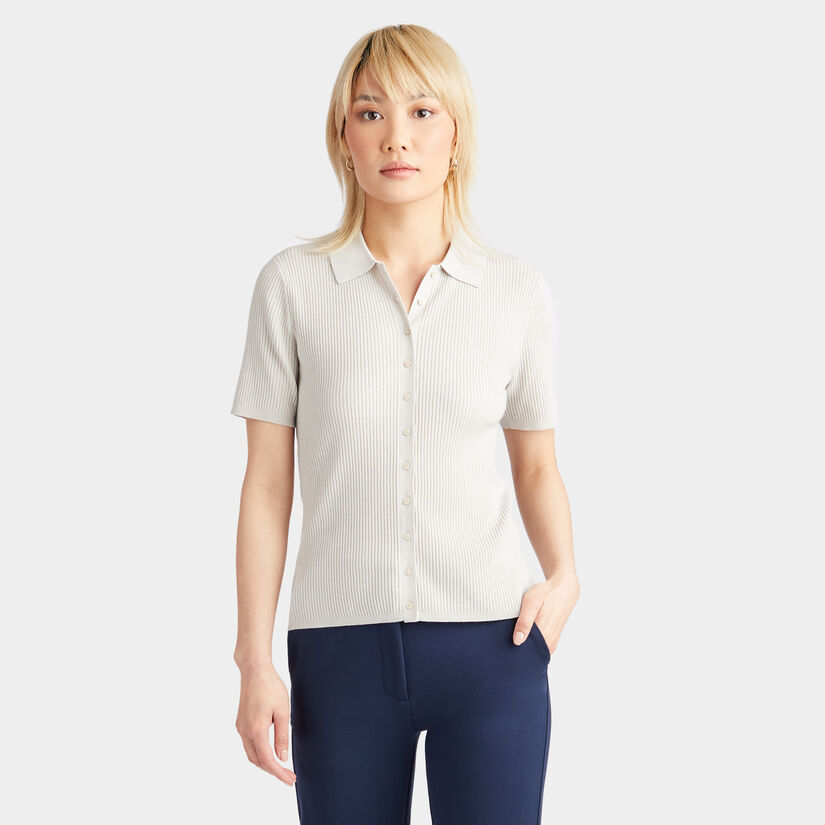 RIBBED MERINO WOOL SHORT SLEEVE BUTTON DOWN SWEATER image number 3