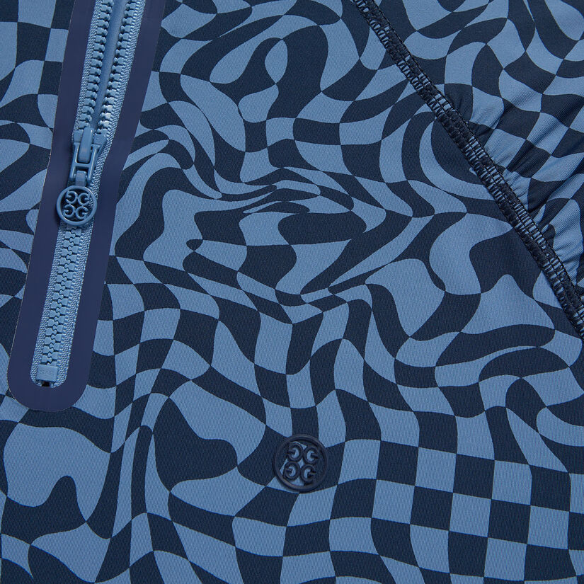 DISTORTED CHECK SILKY TECH NYLON RUCHED QUARTER ZIP PULLOVER image number 6