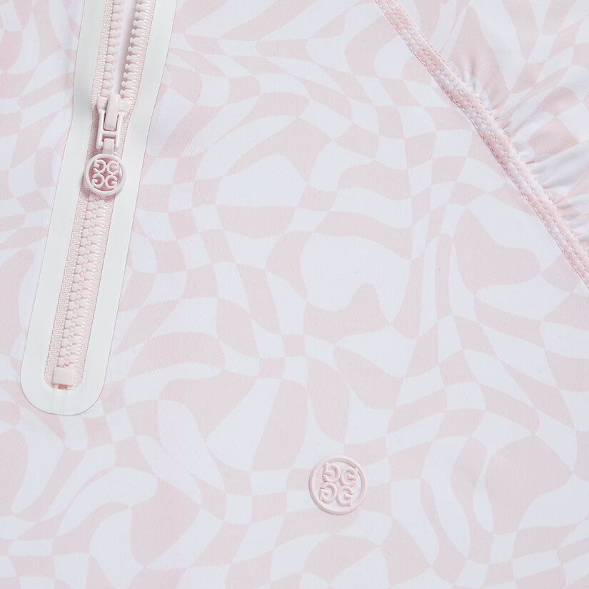 DISTORTED CHECK SILKY TECH NYLON RUCHED QUARTER ZIP PULLOVER image number 6