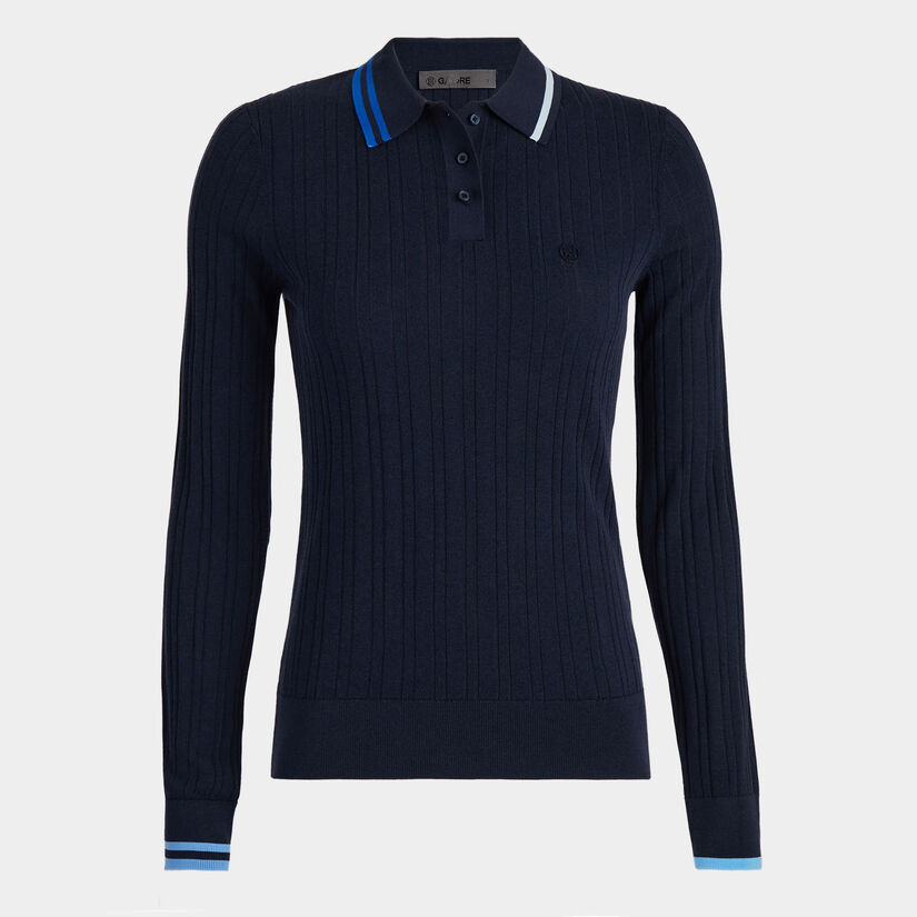 CONTRAST STRIPE COTTON BLEND RIBBED LONG SLEEVE KNIT POLO, WOMEN'S POLO  SHIRTS