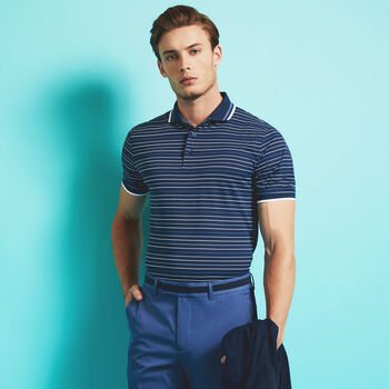 MULTI STRIPE BANDED SLEEVE TECH PIQUÉ POLO