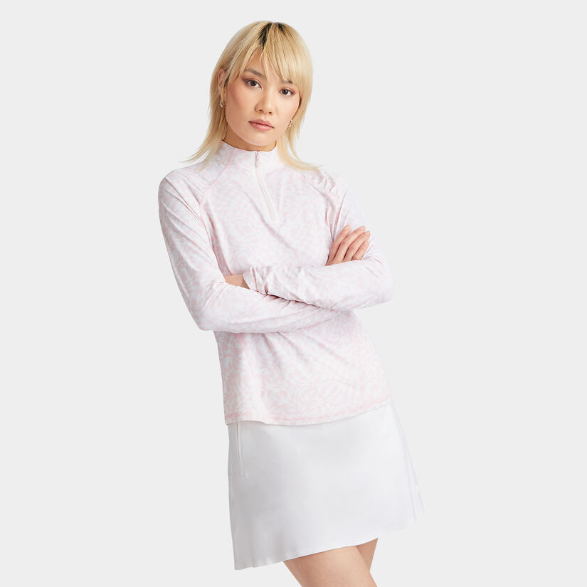 DISTORTED CHECK SILKY TECH NYLON RUCHED QUARTER ZIP PULLOVER image number 3