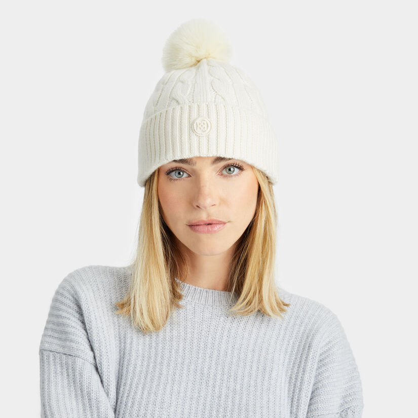 LIMITED EDITION CIRCLE G'S CASHMERE CABLE KNIT RIBBED POM BEANIE image number 4