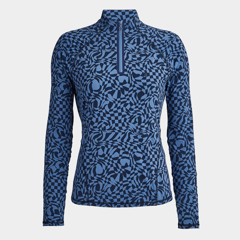 DISTORTED CHECK SILKY TECH NYLON RUCHED QUARTER ZIP PULLOVER image number 1
