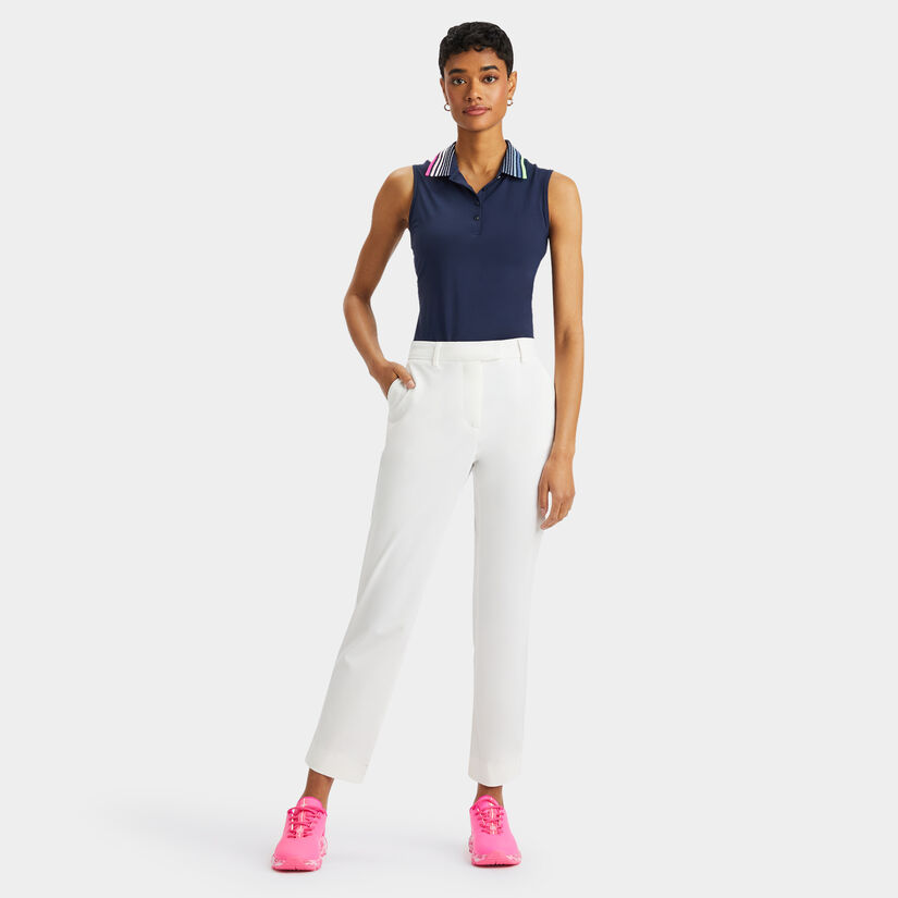 PLEATED CONTRAST COLLAR SILKY TECH NYLON SLEEVELESS POLO image number 4