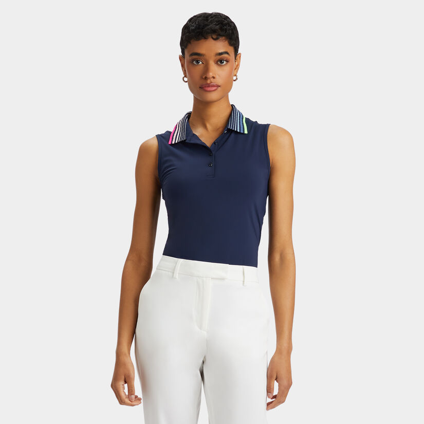 PLEATED CONTRAST COLLAR SILKY TECH NYLON SLEEVELESS POLO image number 3
