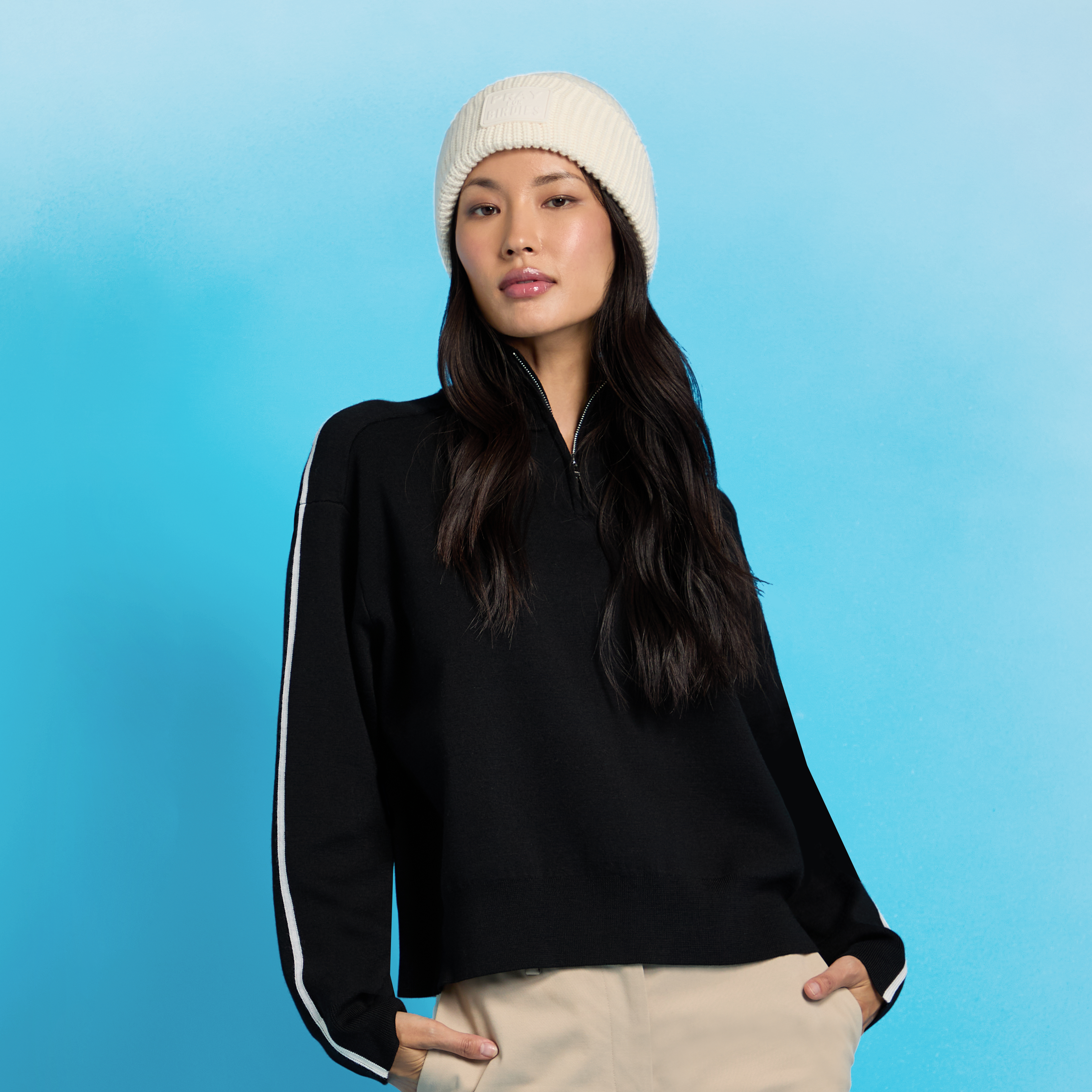 MERINO WOOL CONTRAST STRIPE QUARTER ZIP SWEATER | WOMEN'S TOPS | G